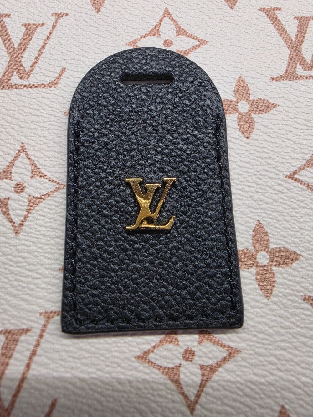 Louis Vuitton Black Leather Name Tag with Gold LV Hardware...
